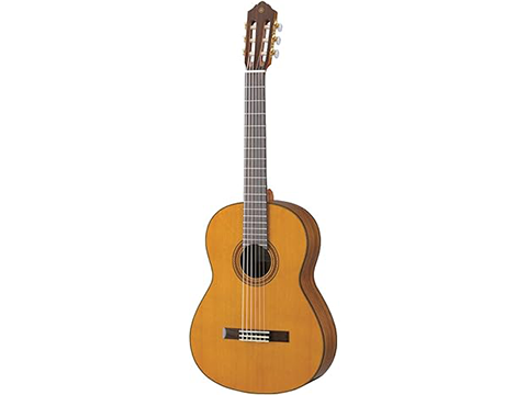 Acoustic guitar with light wood body and dark neck.